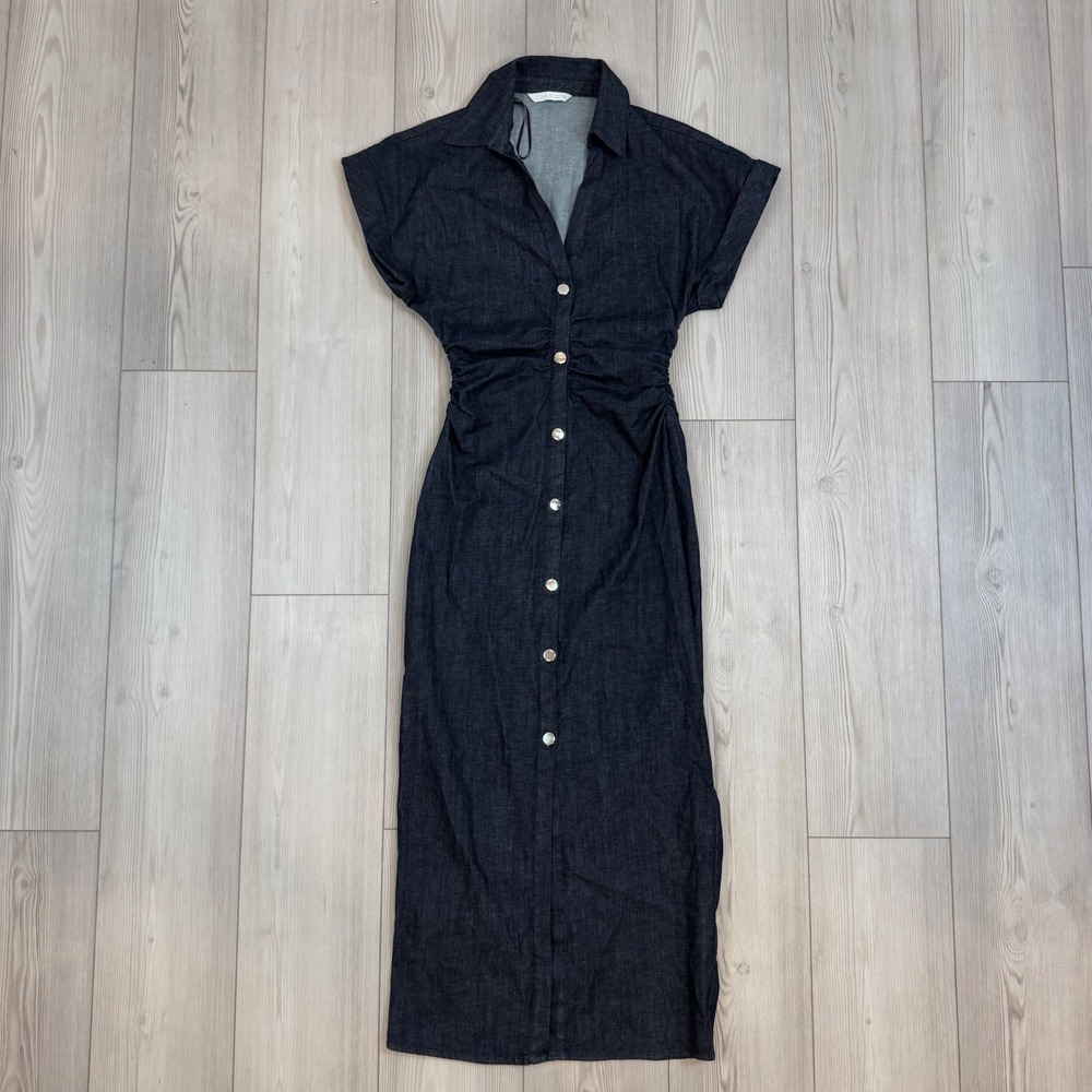 Zara Dark Wash Denim Ruched Midi Dress Short Sleeve Button Front Blue Size M
